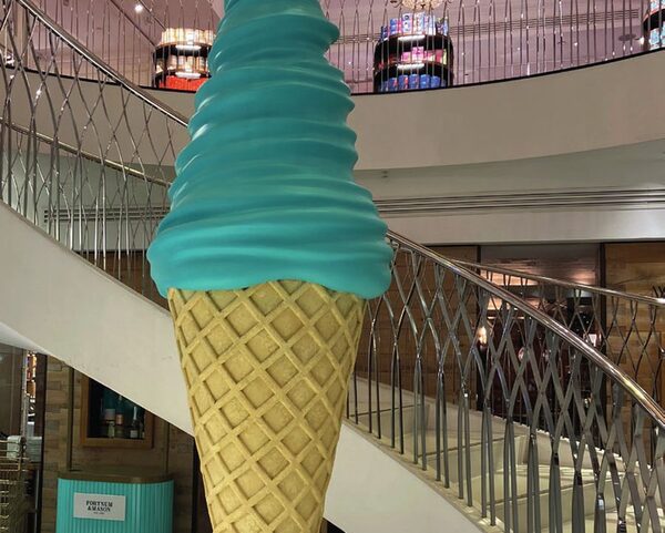 A giant soft serve ice cream cone in Fortnum & Mason